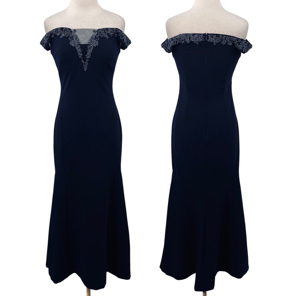 Theia Beaded Gown Off Shoulder Illusion Neckline Mermaid Scuba Knit Navy Blue 6